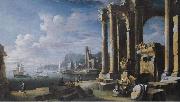 Leonardo Coccorante A capriccio of architectural ruins with a seascape beyond oil painting on canvas
